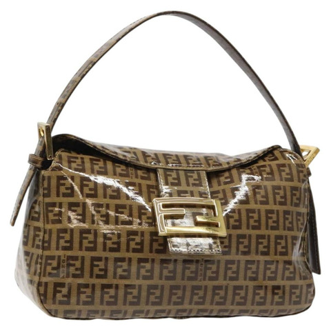 FENDI Zucchino 帆布 Mamma Baguette 包琺瑯棕金色正品 yk18443V