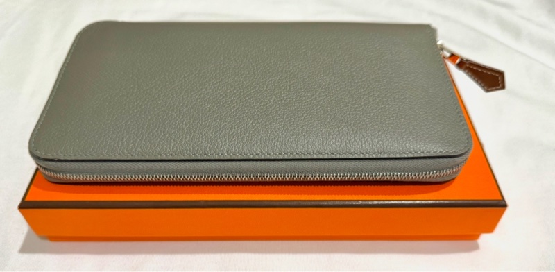 Hermes 全新 愛馬仕 Silk In Classique Evercolor拼接Barenia小牛皮拉鍊絲巾長夾(0L積雲灰)-0