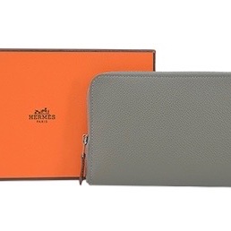 Hermes 全新 愛馬仕 Silk In Classique Evercolor拼接Barenia小牛皮拉鍊絲巾長夾(0L積雲灰)-5