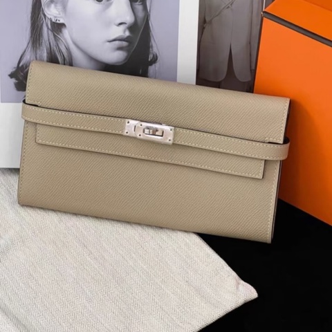 「JL精品代購」98新Hermes 愛馬仕 Kelly 長夾 大象灰銀扣