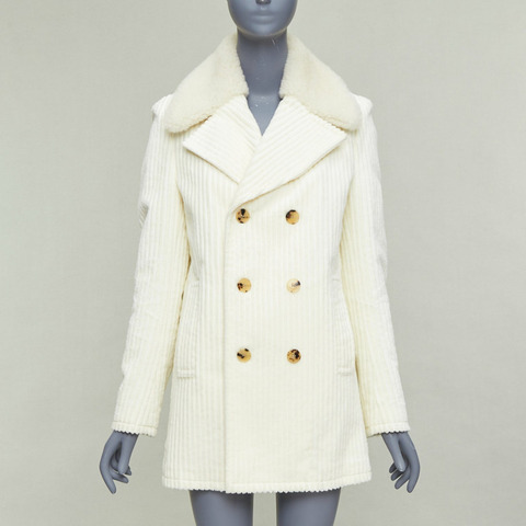 SAINT LAURENT 2021 off white shearling collar cotton corduroy coat FR38 M