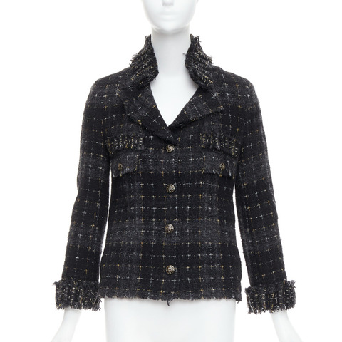 CHANEL 08A Runway Fantasy Tweed black grey silver gold wool applique jacket FR36 S