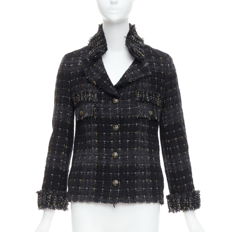 CHANEL 08A Runway Fantasy Tweed black grey silver gold wool applique jacket FR36 S-0