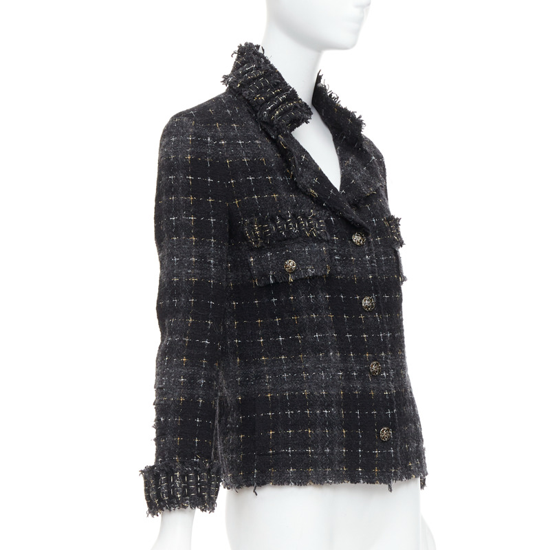 CHANEL 08A Runway Fantasy Tweed black grey silver gold wool applique jacket FR36 S-3