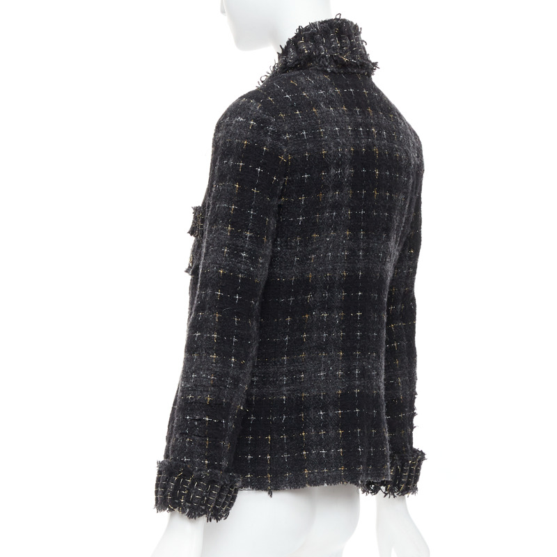 CHANEL 08A Runway Fantasy Tweed black grey silver gold wool applique jacket FR36 S-6