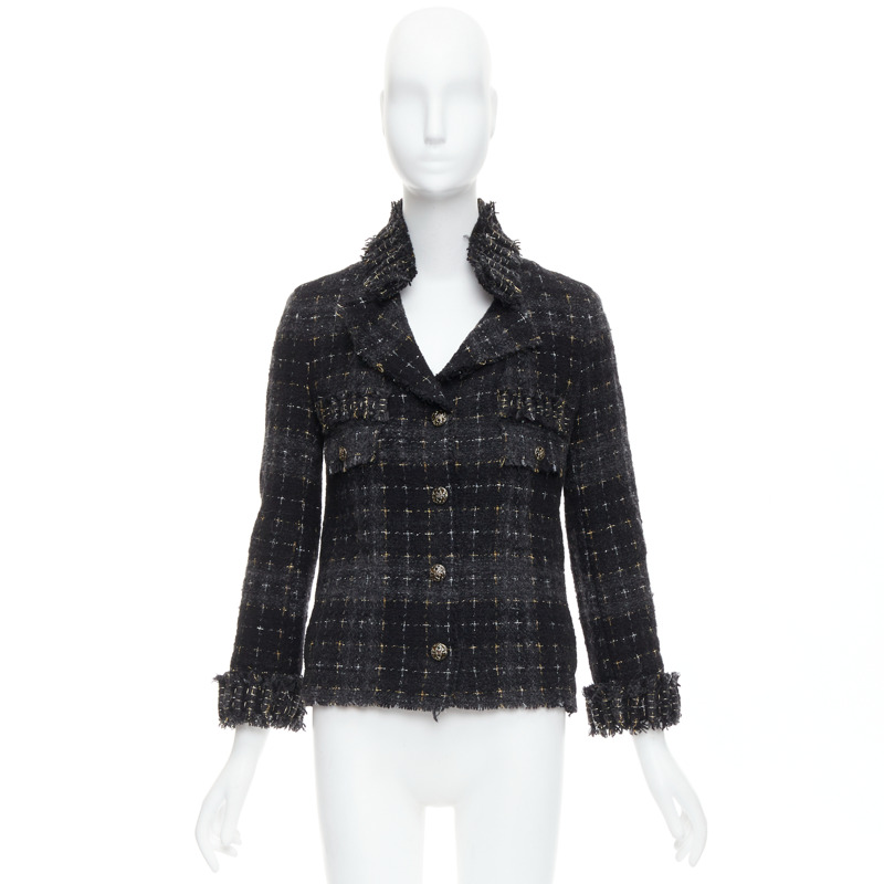 CHANEL 08A Runway Fantasy Tweed black grey silver gold wool applique jacket FR36 S-9