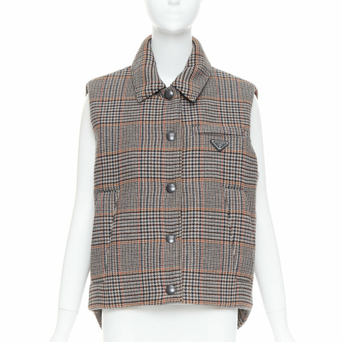 PRADA 2021 houndstooth logo plate wool cashmere gilet puffer vest IT42 M