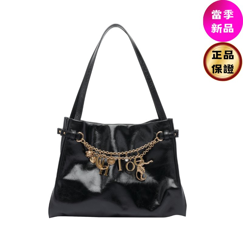 🛫早秋當季新品🛬Chloe Charms 中款鏈飾光澤小牛皮革肩背包 黑色-0