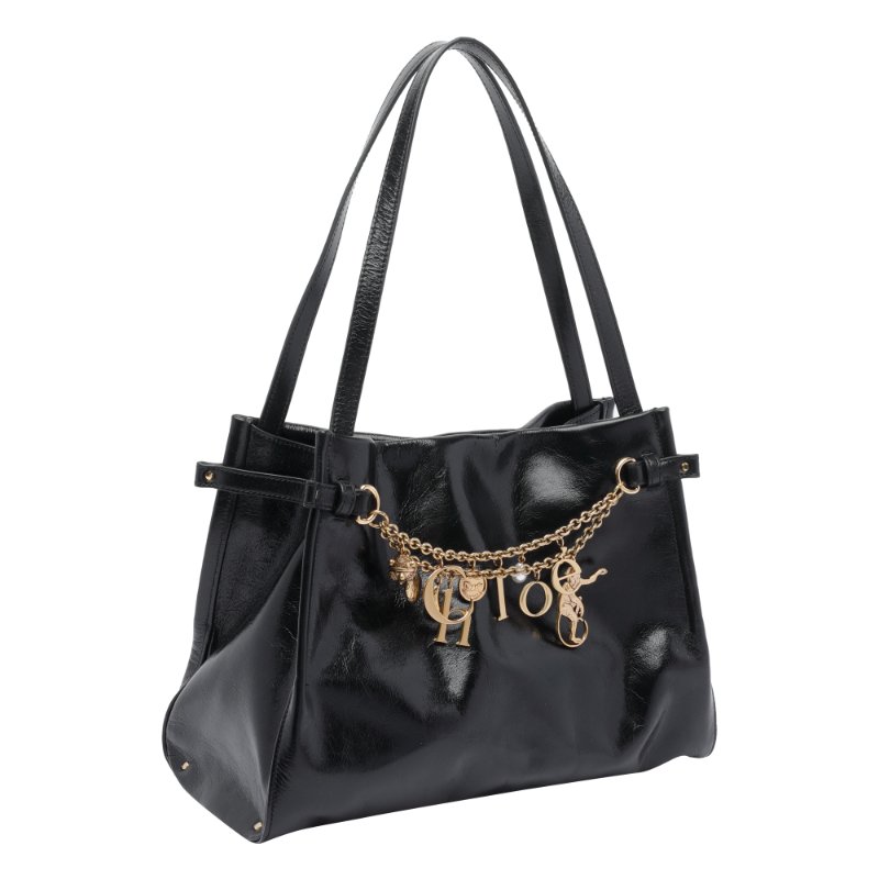 🛫早秋當季新品🛬Chloe Charms 中款鏈飾光澤小牛皮革肩背包 黑色-3