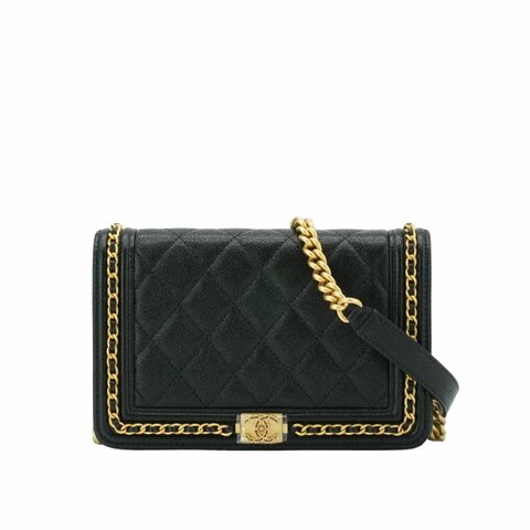 Chanel 展示品 Boy 粒紋牛皮皮穿鍊飾邊金鍊Woc斜背包(AP1117-黑)