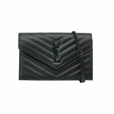 YSL Cassandre Matelasse 粒紋牛皮翻蓋黑logo斜背包(742920-黑)