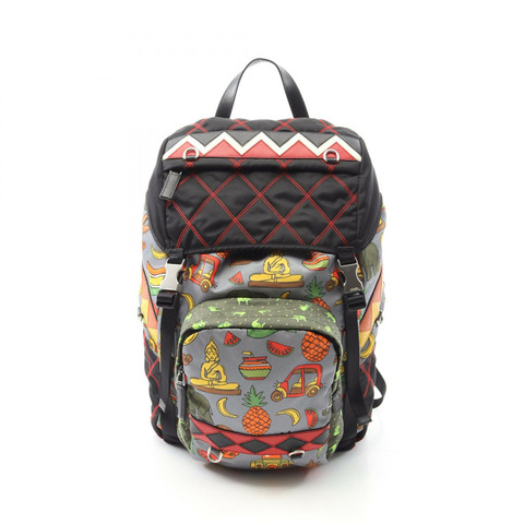 PRADA Tessuto 貼片背包 2VZ135 尼龍十字紋皮革 灰黑多色