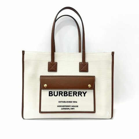 BURBERRY棕褐色帆布中型FERYA托特包/80441291