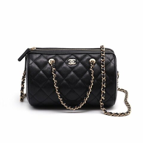 CHANEL 菱格紋粒面牛皮保齡球包 - 黑金