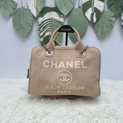 CHANEL 22C Deauville Boston 奶茶米色沙灘包 晶片款 單肩手提包