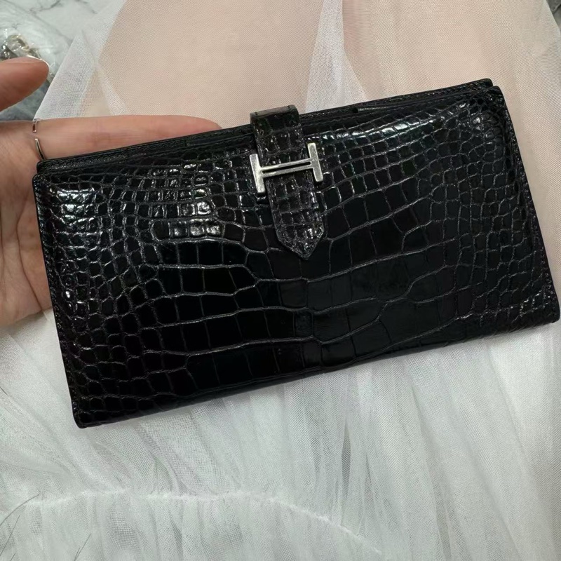 「JL精品代購」95新 愛馬仕bearn黑銀鱷魚皮二折長夾-0