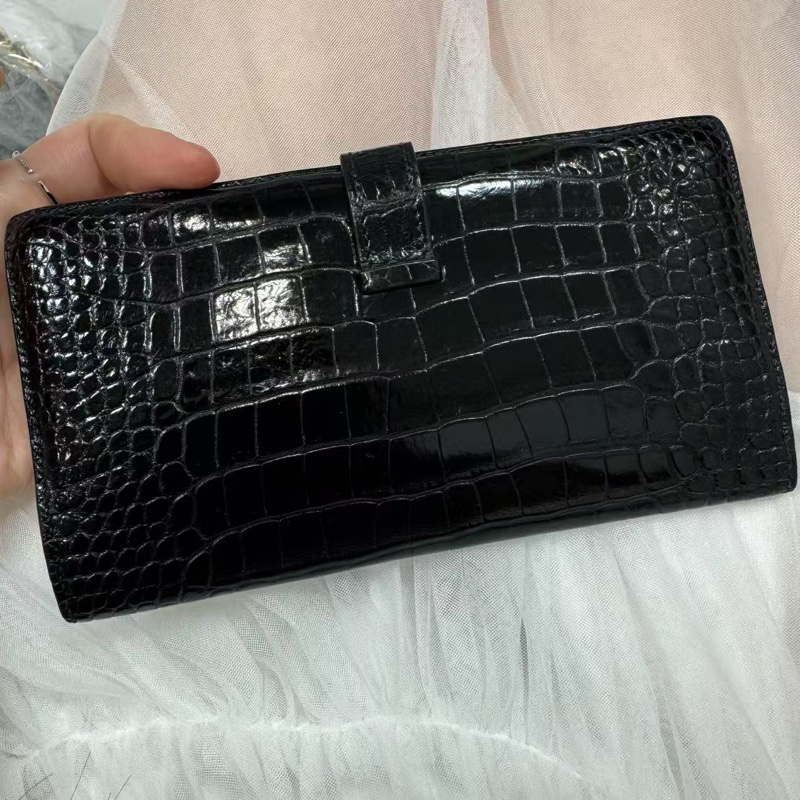 「JL精品代購」95新 愛馬仕bearn黑銀鱷魚皮二折長夾-1