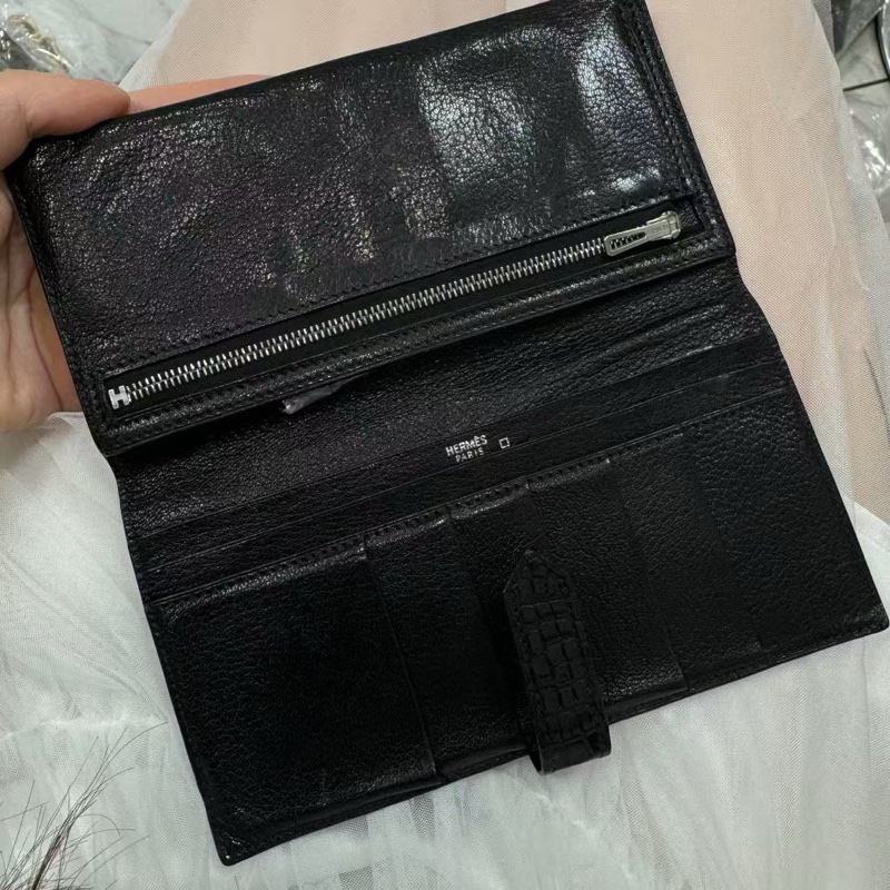 「JL精品代購」95新 愛馬仕bearn黑銀鱷魚皮二折長夾-2