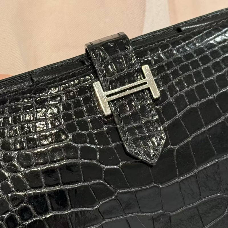 「JL精品代購」95新 愛馬仕bearn黑銀鱷魚皮二折長夾-3