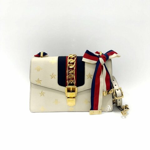GUCCI 米色牛皮Sylvie蜜蜂星星手提肩背包