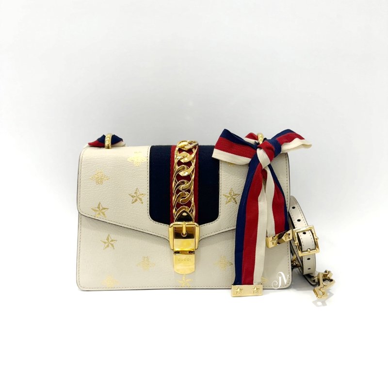 GUCCI 米色牛皮Sylvie蜜蜂星星手提肩背包-0