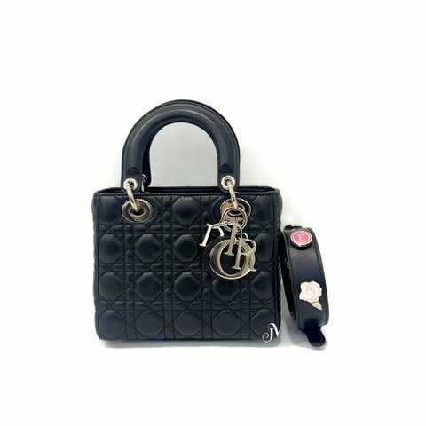 Dior黑小羊皮銀扣 Lady Dior 小號手提斜背包