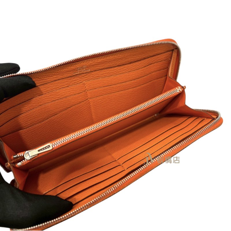 Hermes橘色山羊皮12卡ㄇ拉長夾-7