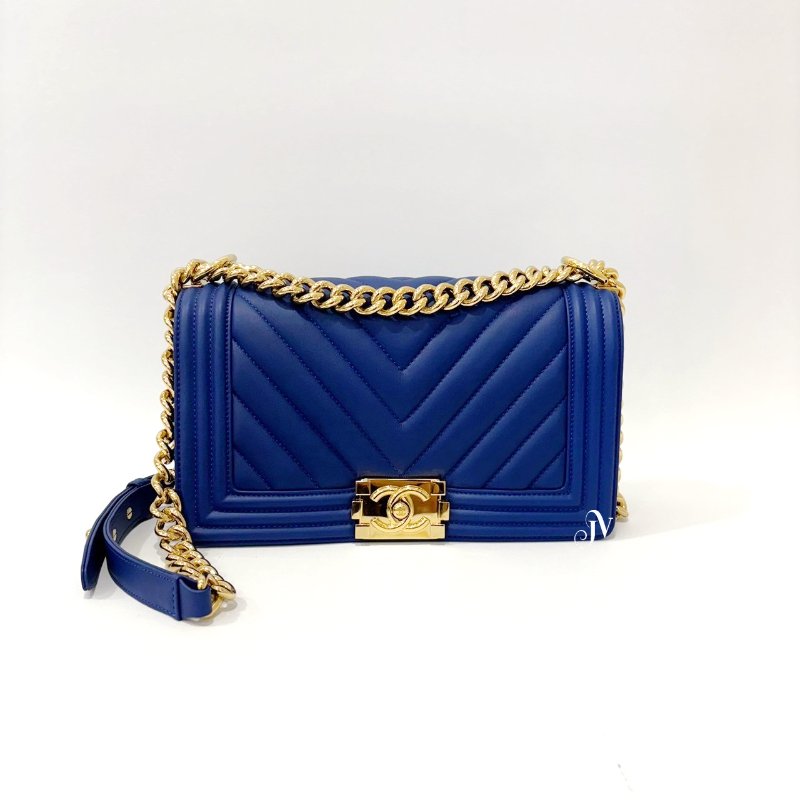 Chanel 深藍羊皮金釦山型紋BOY 25下釦式肩斜背包-0