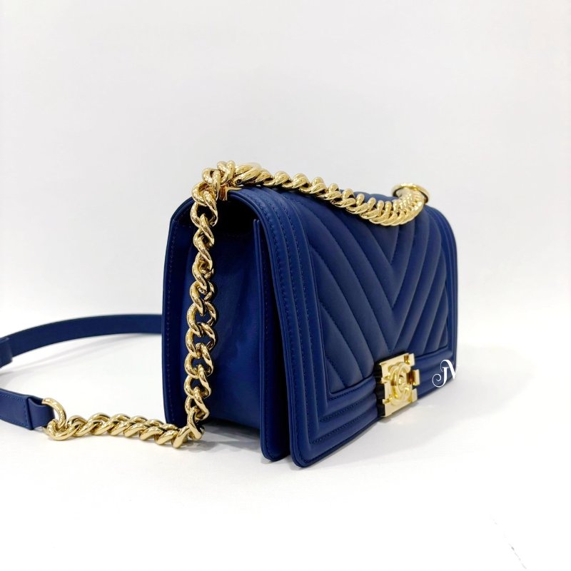 Chanel 深藍羊皮金釦山型紋BOY 25下釦式肩斜背包-1