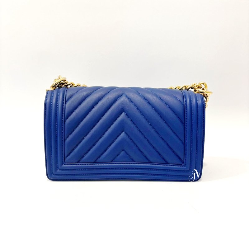 Chanel 深藍羊皮金釦山型紋BOY 25下釦式肩斜背包-3