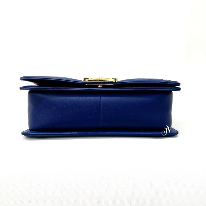 Chanel 深藍羊皮金釦山型紋BOY 25下釦式肩斜背包-4