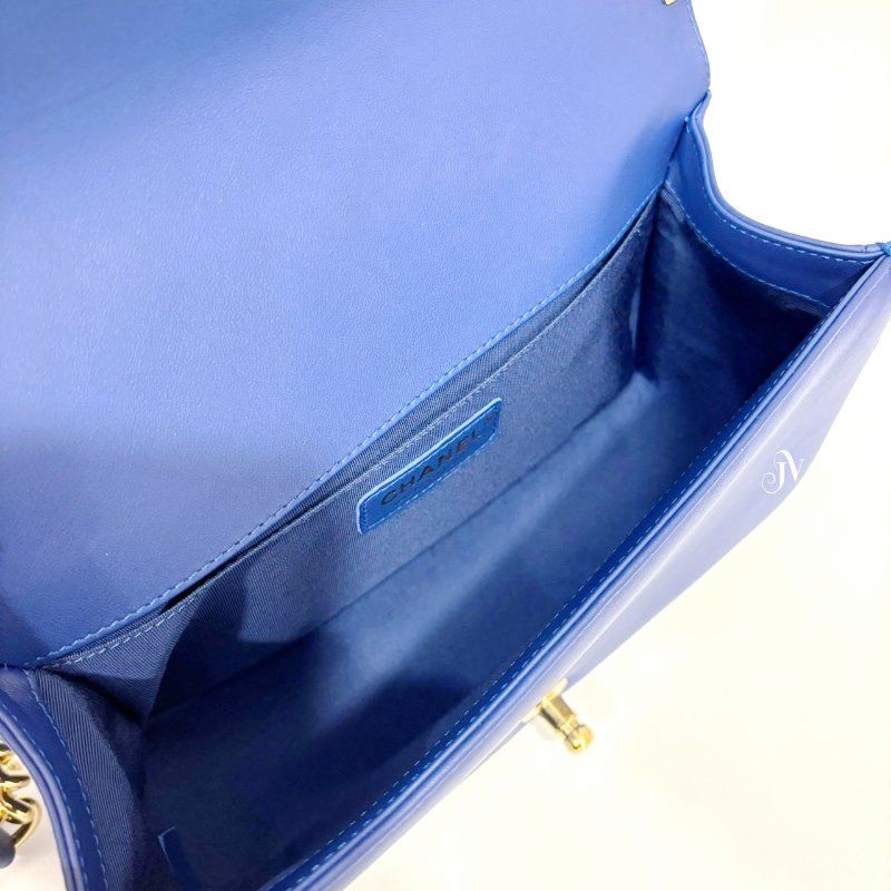 Chanel 深藍羊皮金釦山型紋BOY 25下釦式肩斜背包-5