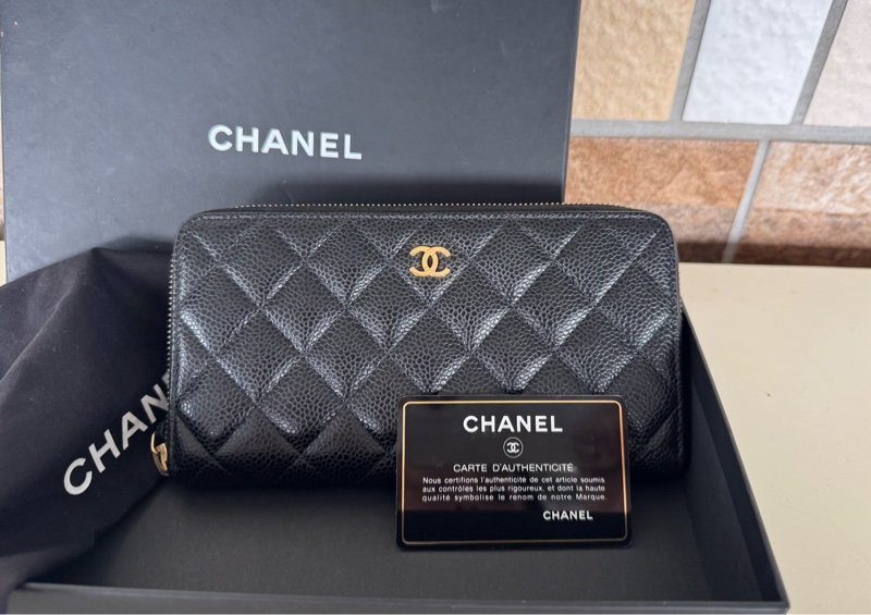 🌕🌕 CHANE ㄇ字拉鏈長夾荔枝牛皮 黑金 24開  卡套盒 🌕🌕🌕-0