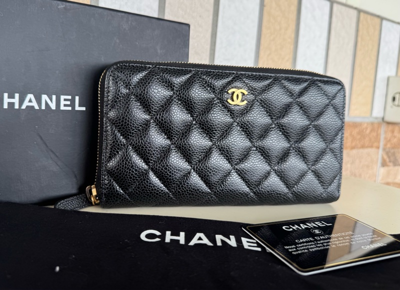 🌕🌕 CHANE ㄇ字拉鏈長夾荔枝牛皮 黑金 24開  卡套盒 🌕🌕🌕-2