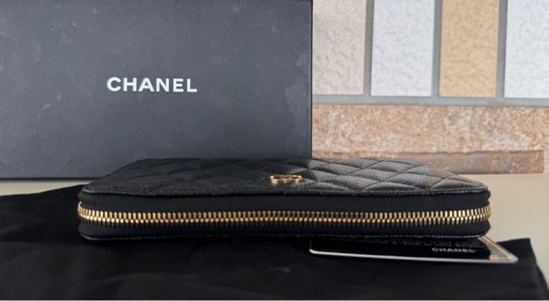 🌕🌕 CHANE ㄇ字拉鏈長夾荔枝牛皮 黑金 24開  卡套盒 🌕🌕🌕-4