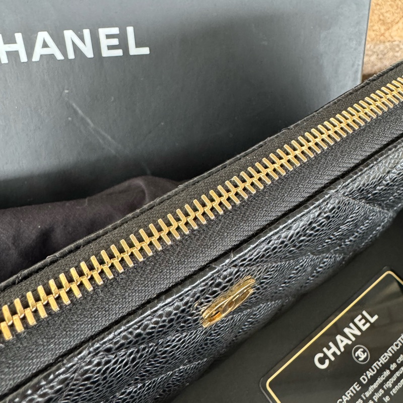 🌕🌕 CHANE ㄇ字拉鏈長夾荔枝牛皮 黑金 24開  卡套盒 🌕🌕🌕-6