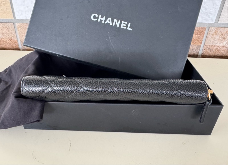 🌕🌕 CHANE ㄇ字拉鏈長夾荔枝牛皮 黑金 24開  卡套盒 🌕🌕🌕-8