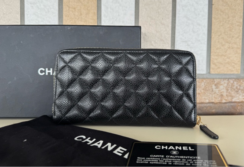 🌕🌕 CHANE ㄇ字拉鏈長夾荔枝牛皮 黑金 24開  卡套盒 🌕🌕🌕-9