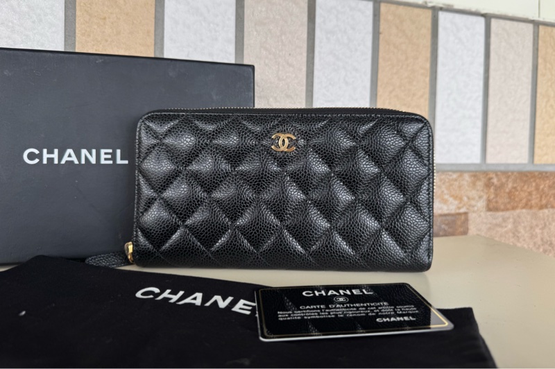 🌕🌕 CHANE ㄇ字拉鏈長夾荔枝牛皮 黑金 24開  卡套盒 🌕🌕🌕-11