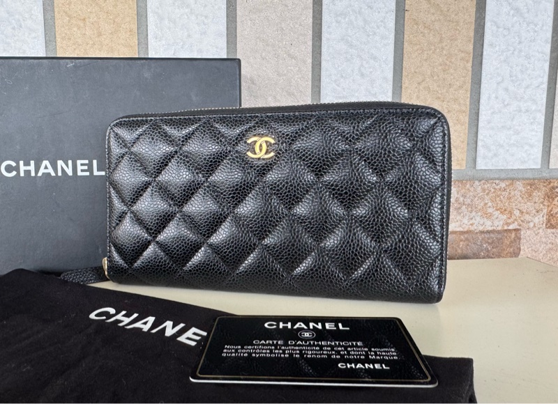 🌕🌕 CHANE ㄇ字拉鏈長夾荔枝牛皮 黑金 24開  卡套盒 🌕🌕🌕-12