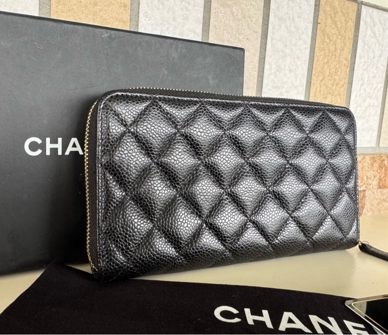 🌕🌕 CHANE ㄇ字拉鏈長夾荔枝牛皮 黑金 24開  卡套盒 🌕🌕🌕-13