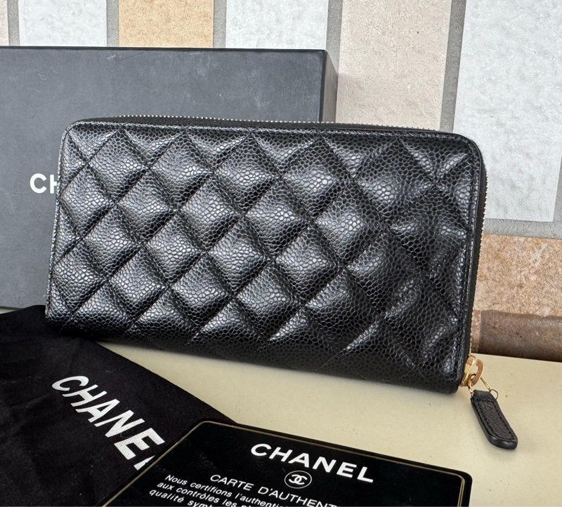 🌕🌕 CHANE ㄇ字拉鏈長夾荔枝牛皮 黑金 24開  卡套盒 🌕🌕🌕-14