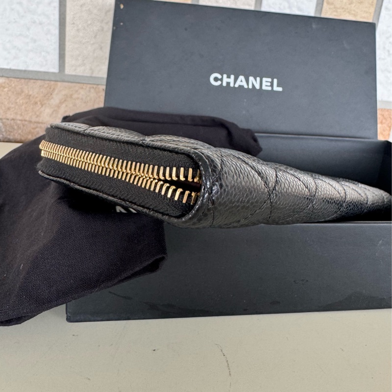 🌕🌕 CHANE ㄇ字拉鏈長夾荔枝牛皮 黑金 24開  卡套盒 🌕🌕🌕-21