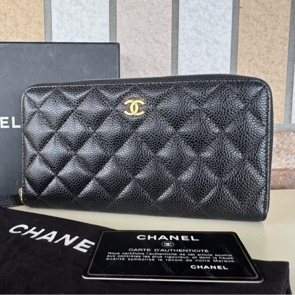 🌕🌕 CHANE ㄇ字拉鏈長夾荔枝牛皮 黑金 24開  卡套盒 🌕🌕🌕-29