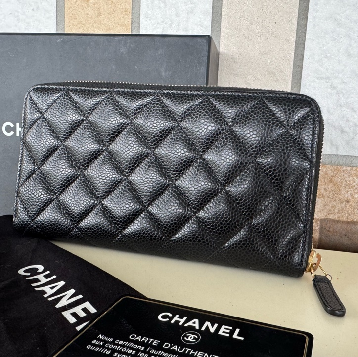 🌕🌕 CHANE ㄇ字拉鏈長夾荔枝牛皮 黑金 24開  卡套盒 🌕🌕🌕-30