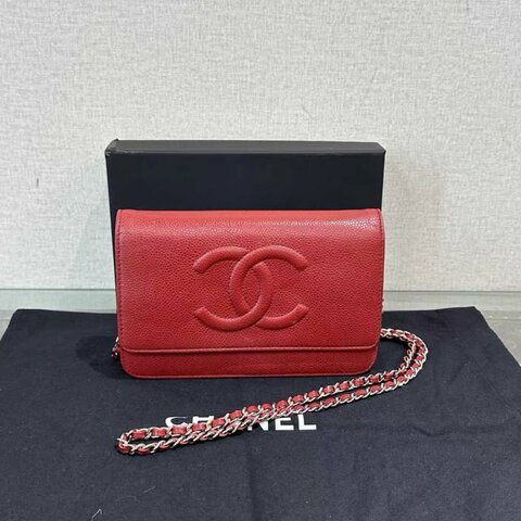 CHANEL 紅銀雙C大logo荔枝牛woc鏈條包 19*12*4 98新配件盒子塵袋