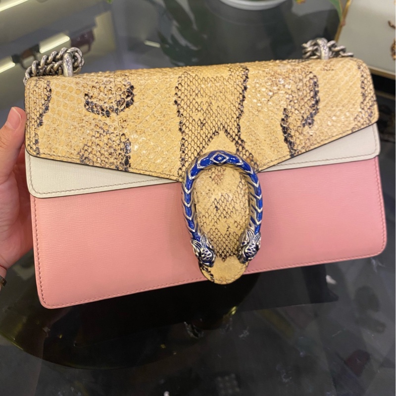 Gucci 粉色拼蛇皮酒神鏈條包 天然紋路 超稀有 尺寸約:28*17*9cm-0