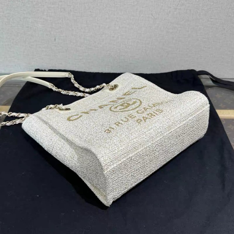 CHANEL 米白色金扣編織手提肩背沙灘包 26*26*12 99新 配件塵袋-2