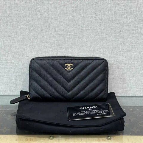 CHANEL 黑金V紋拉鍊錢包15*9*2 98新配件塵袋保卡