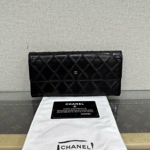 CHANEL 黑銀菱格紋長夾 98新配件塵袋保卡